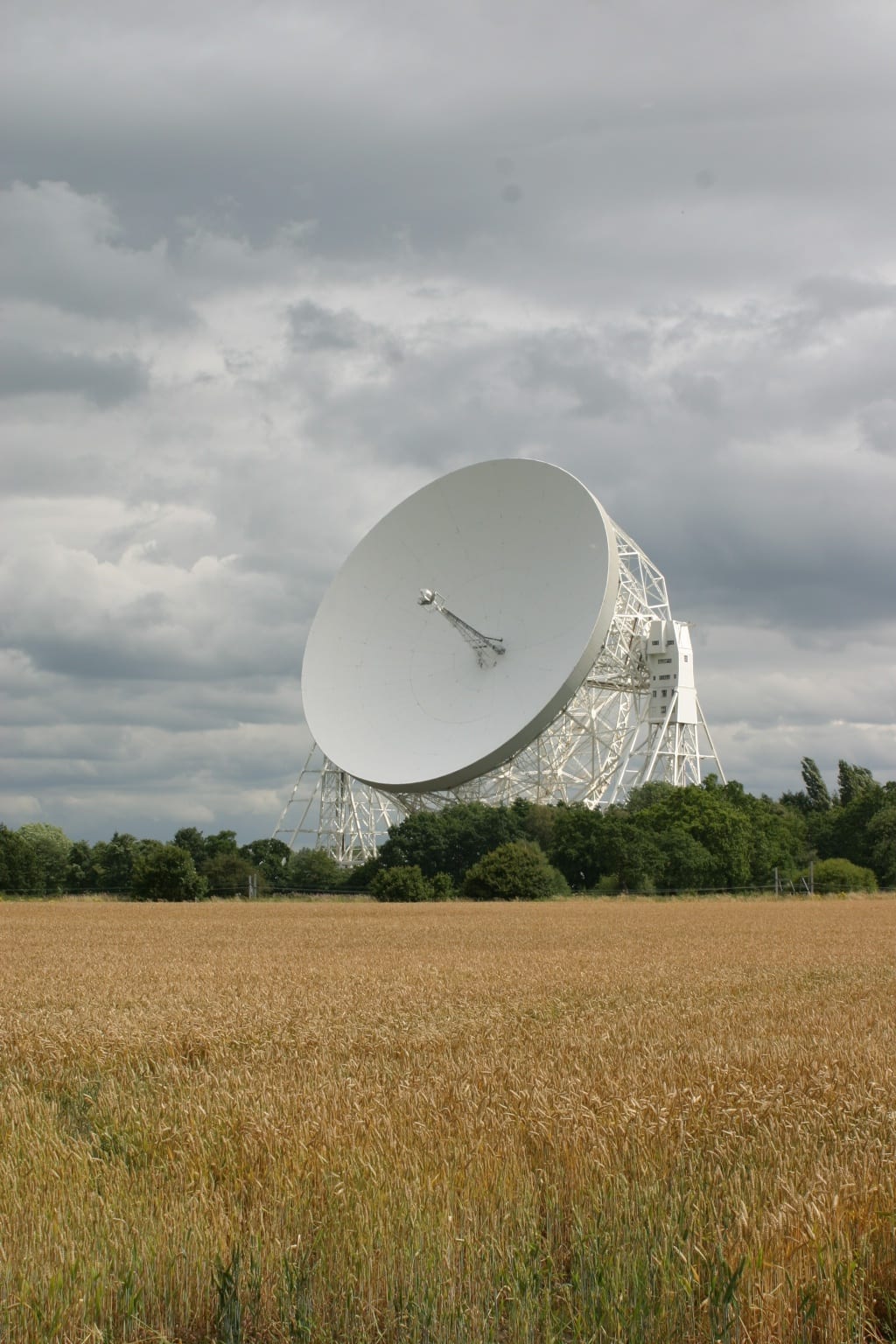The white dish of the Lovell Telescope rises between its steel support towers above a field.