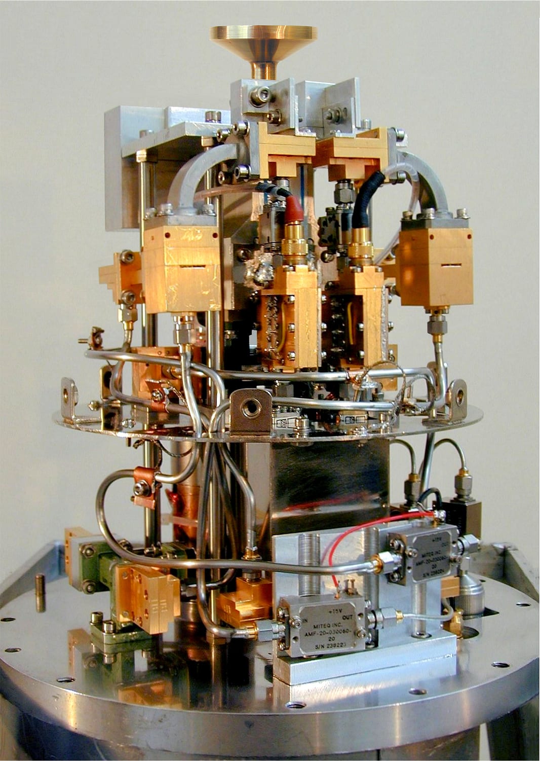A 22 GHz MERLIN receiver assembly with brass components, metal tubes and cables.